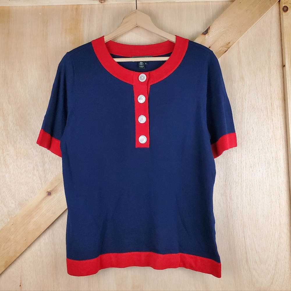 LAUREN RALPH LAUREN NWT Navy Red Henley Knit Top Size XL Classic Preppy